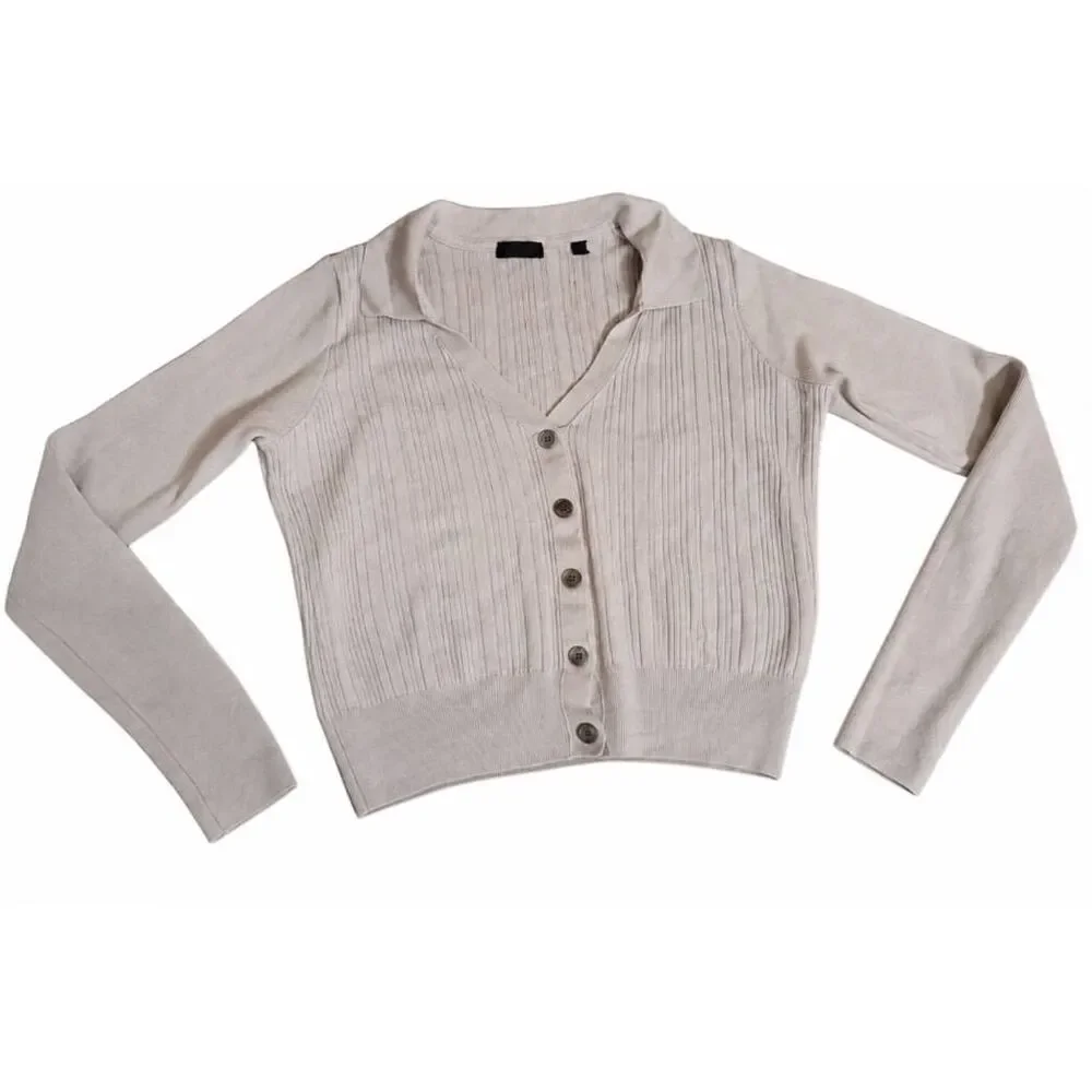 ATM womens large cropped sweater beige cream merino wool spring summer soft